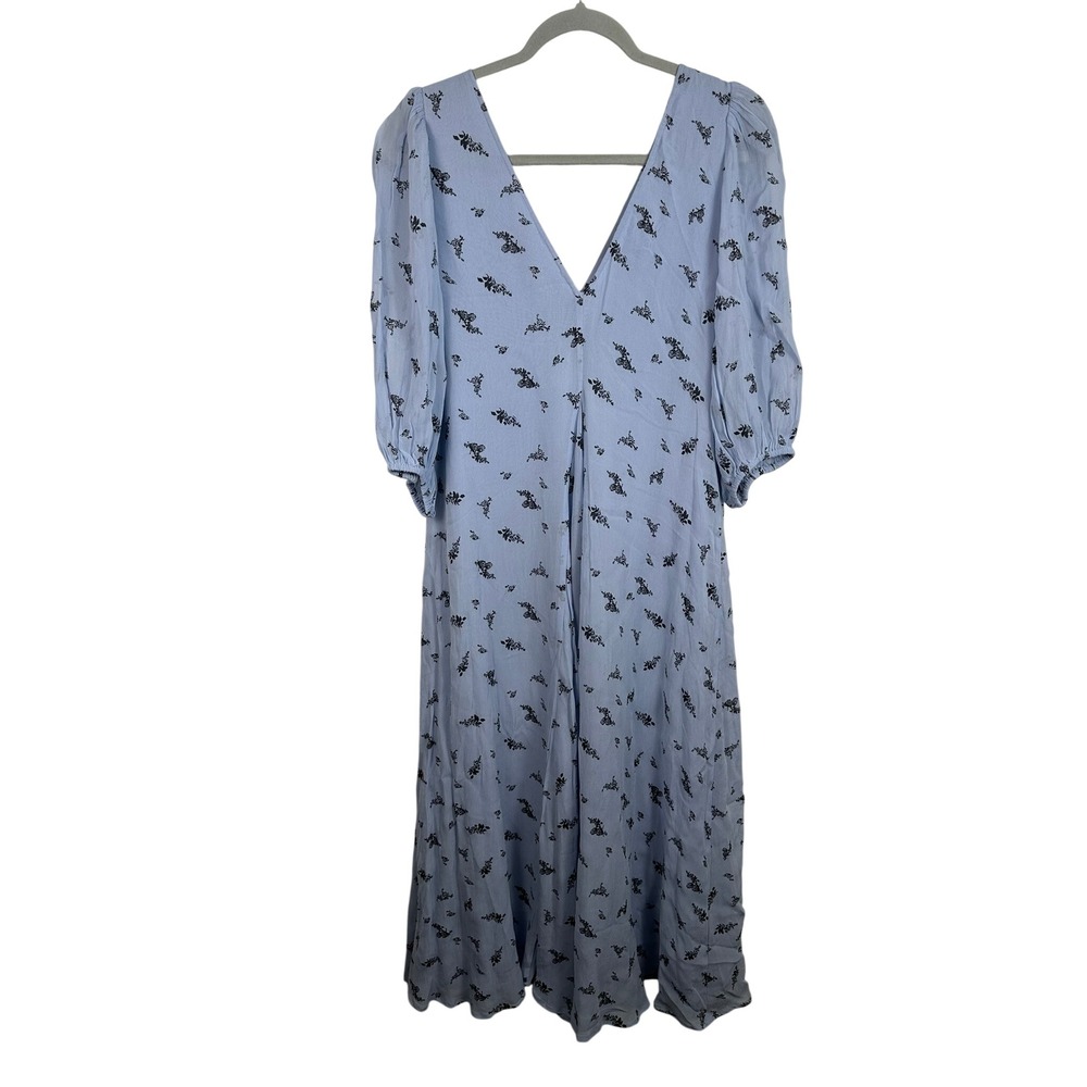 Ganni‎ Midi Dress Womens 38 Blue Excellent Floral V-Neck Puff Sleeve Viscose